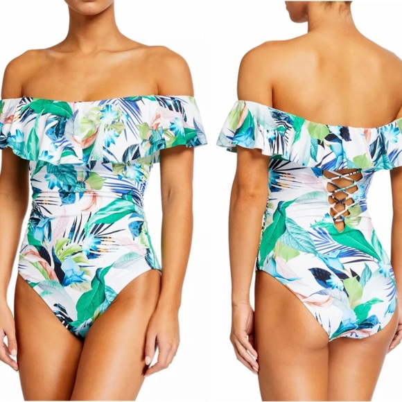 La Blanca Other - In the Moment RUFFLES Off Shoulder ONE-Piece SWIMSUIT Tummy Control NWT